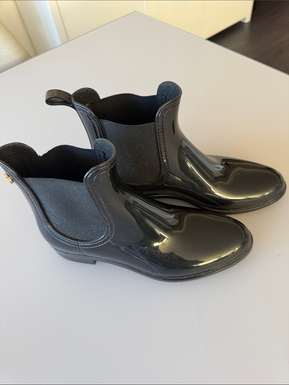 Glossy Black Chelsea Rain Ankle Boots for Women